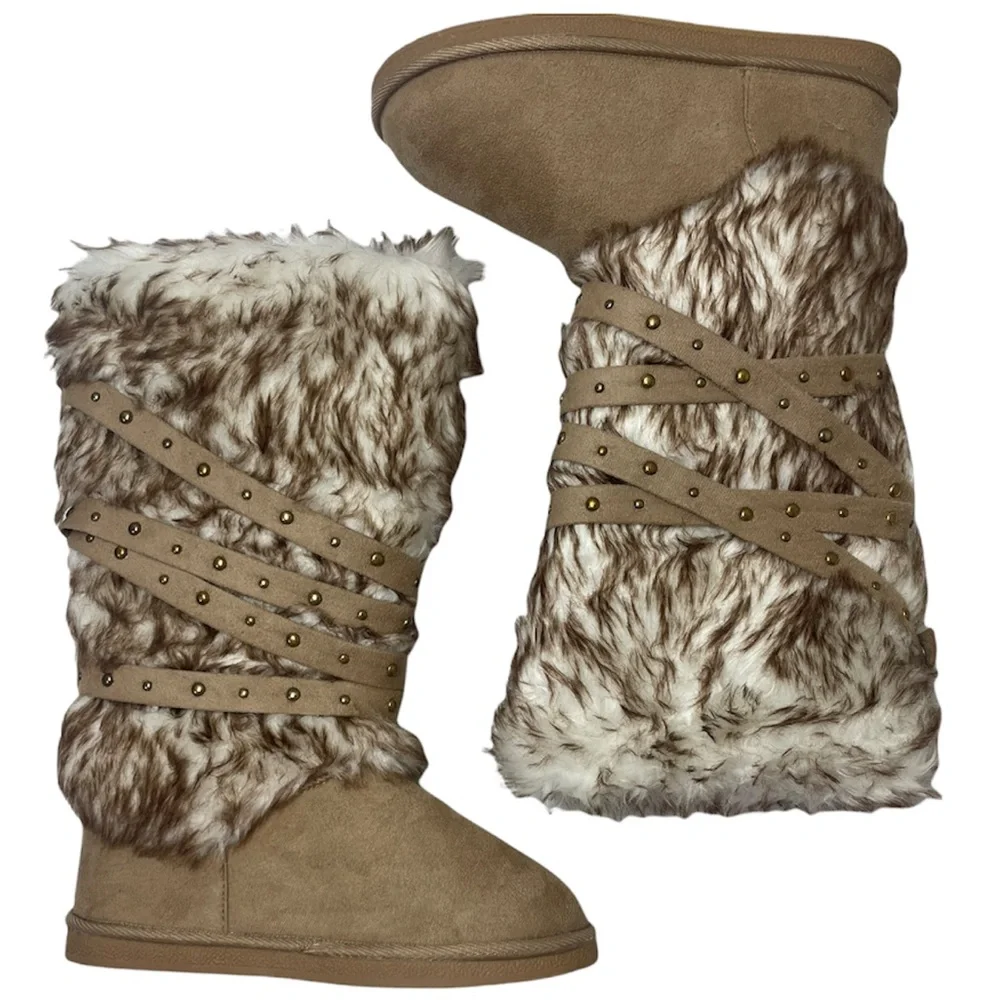 Fur Boots Tall Knee High Winter Snow Boots Neutral Beige Taupe Womens Size 10